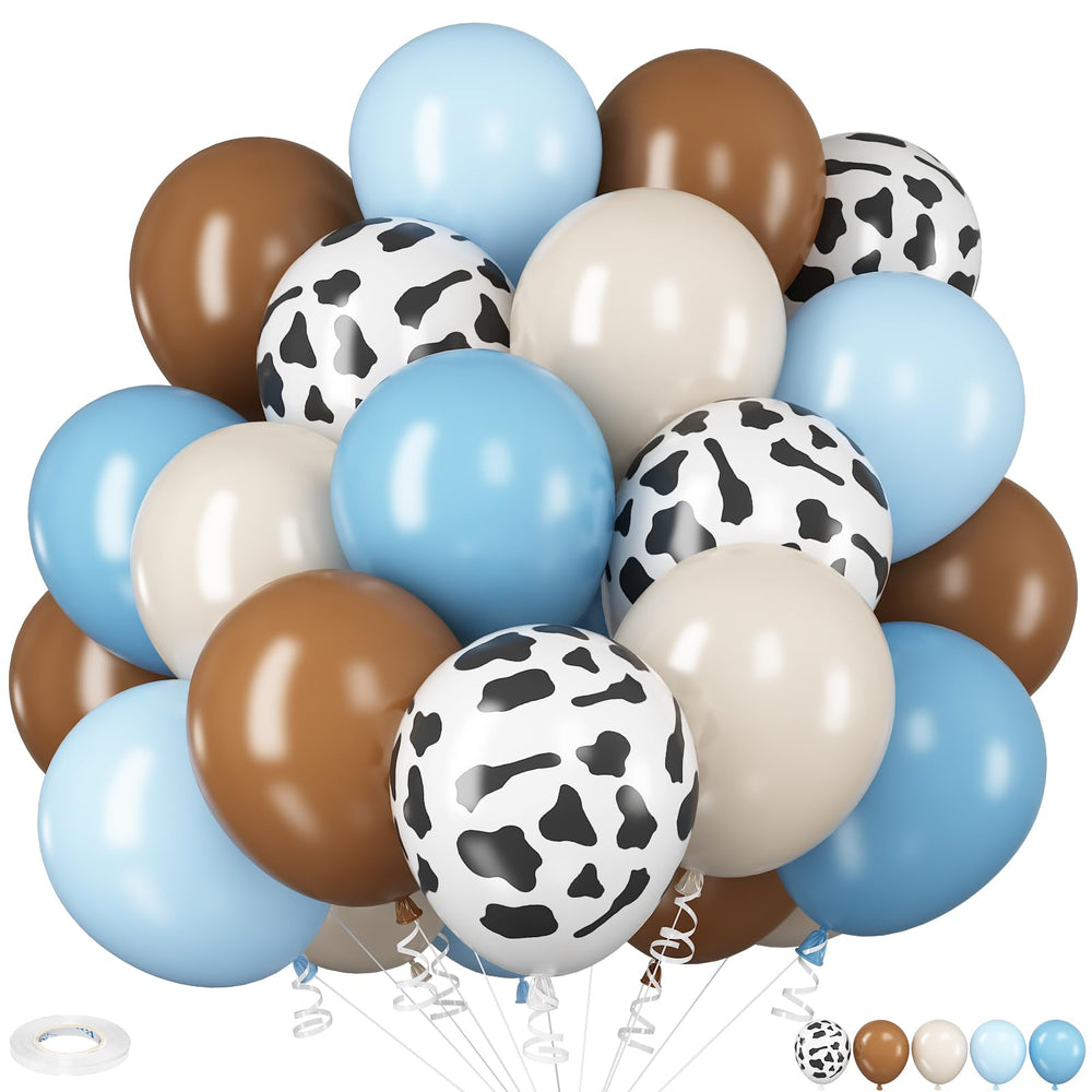 HILAVO cow print balloons in blue and brown for a playful rodeo backdrop