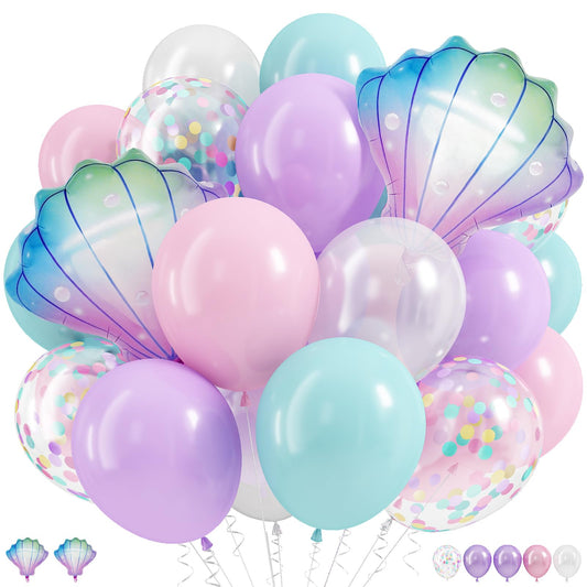Hilavo mermaid balloons in pastel pink, purple, teal with seashell accents for ocean party