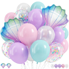 Hilavo mermaid balloons in pastel pink, purple, teal with seashell accents for ocean party