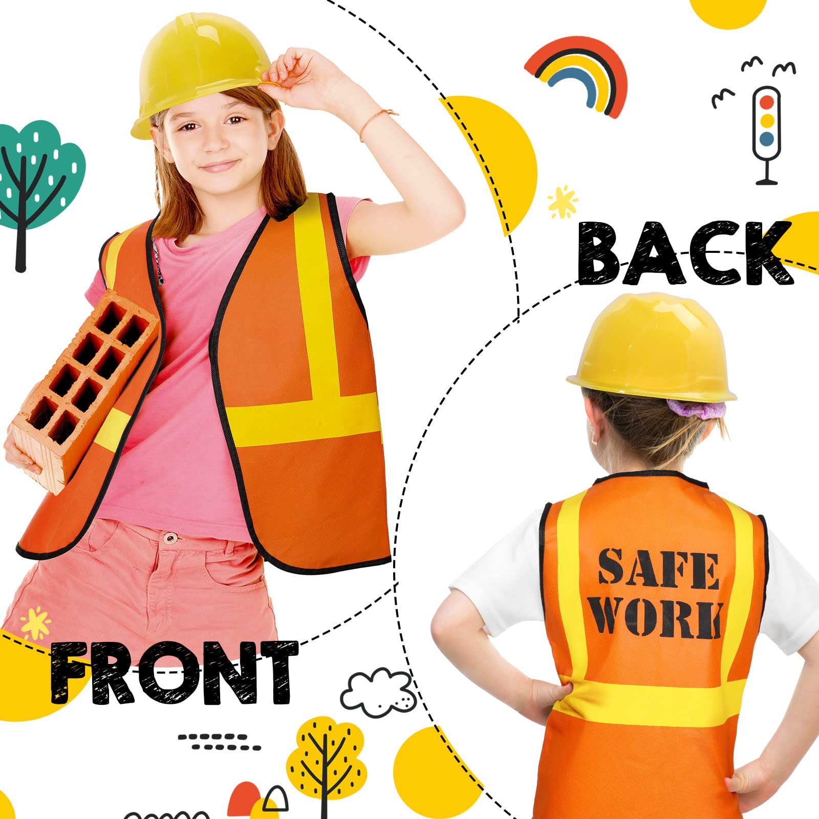 Bright Hillban construction hats and vests enhance kids' party visuals.