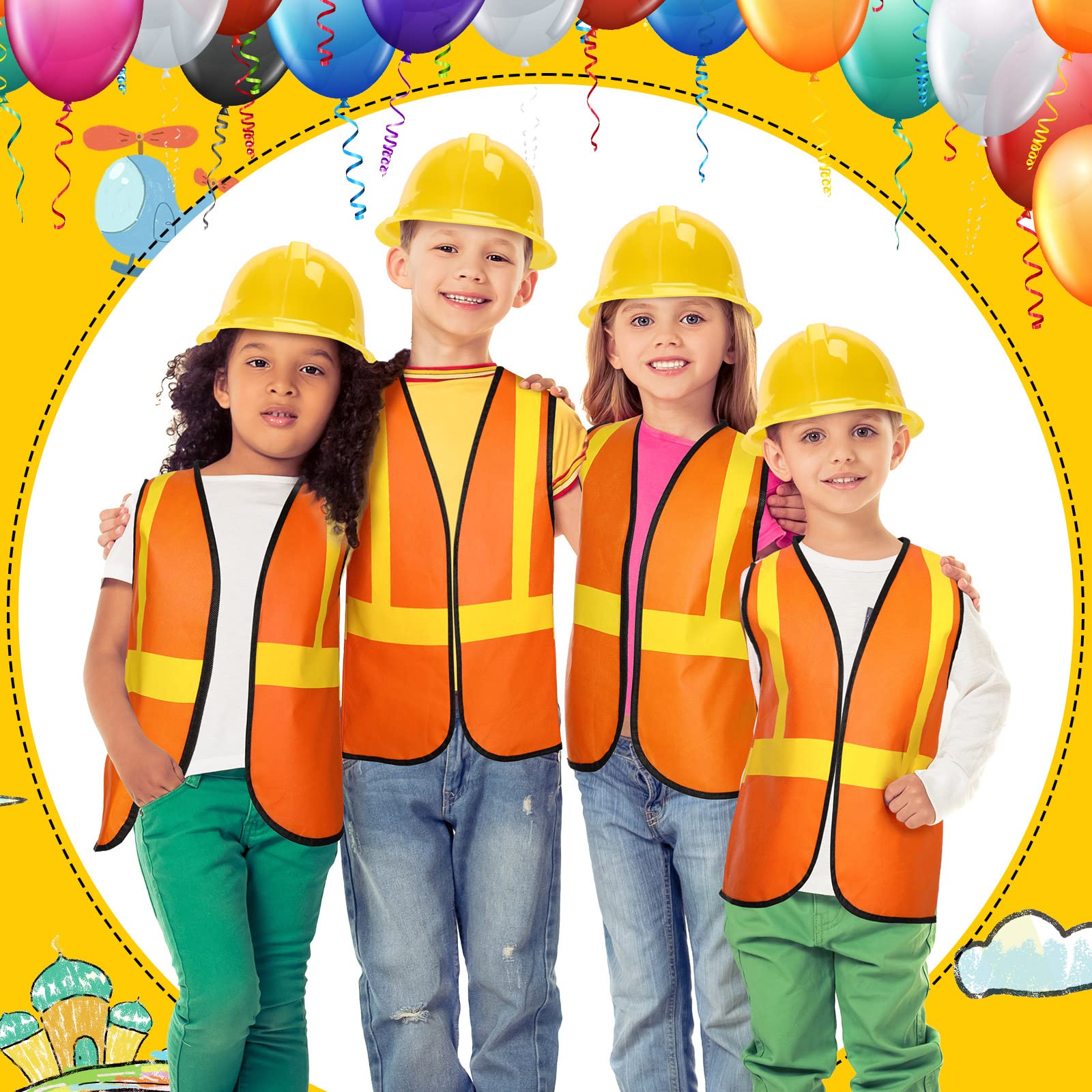 Hillban construction hats and orange vests, lightweight and comfortable for kids.