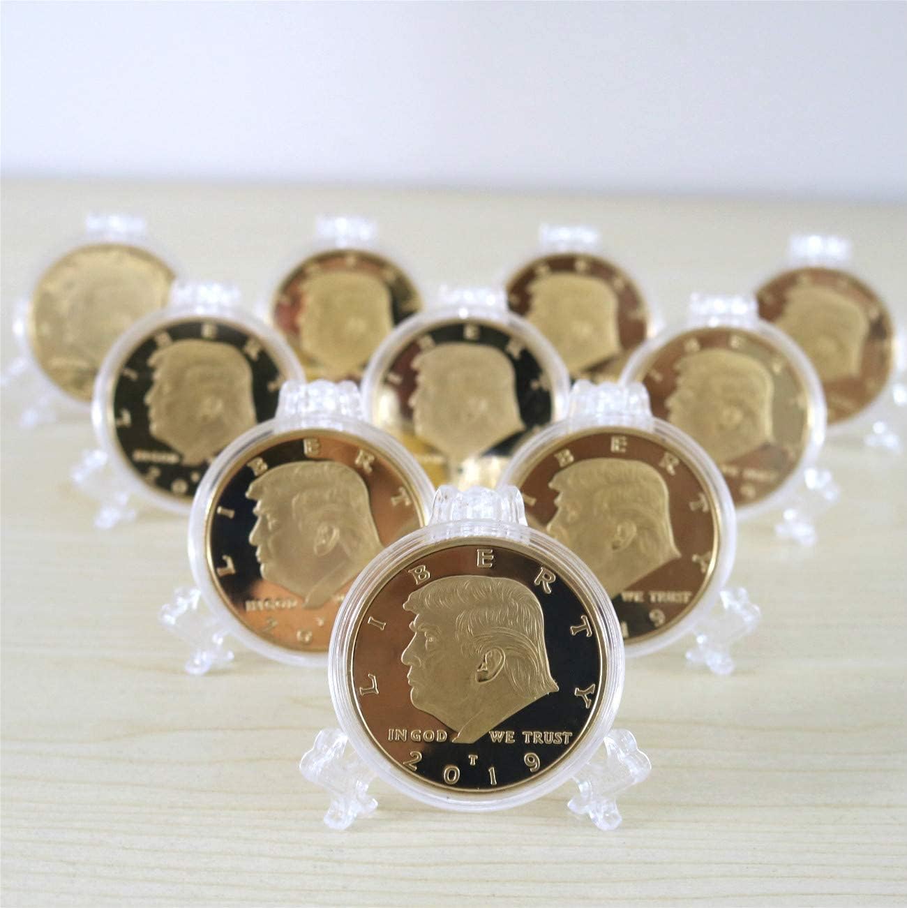 HillSpring Trump commemorative coins 10-pack, gold plated, ideal for display.