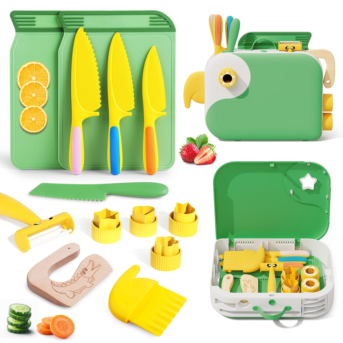 Hilsoeet kids kitchen knife set with storage box green for organized play and pretend cooking.