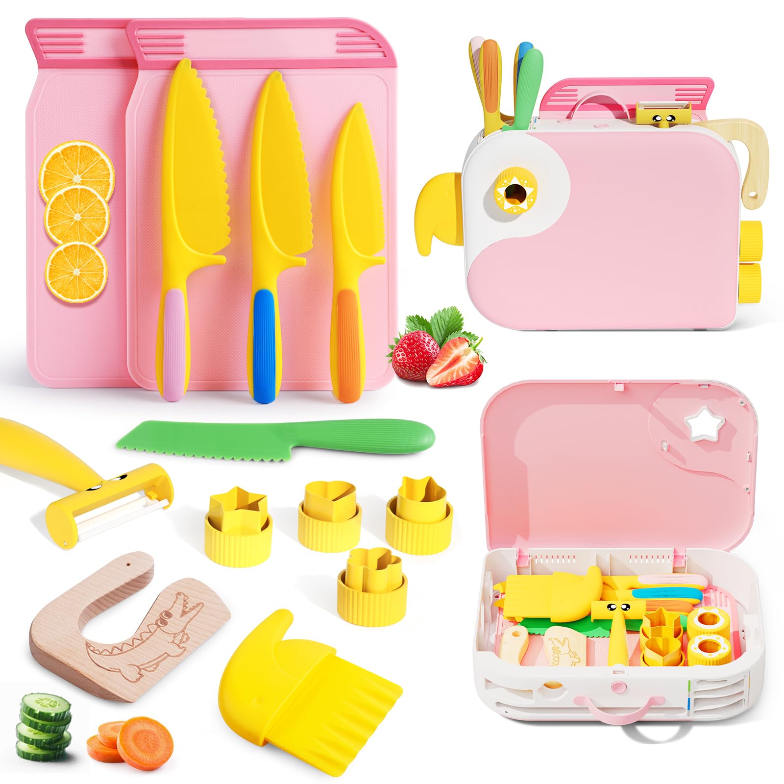 Hilsoeet kids kitchen knife set with pink storage box for tidy play
