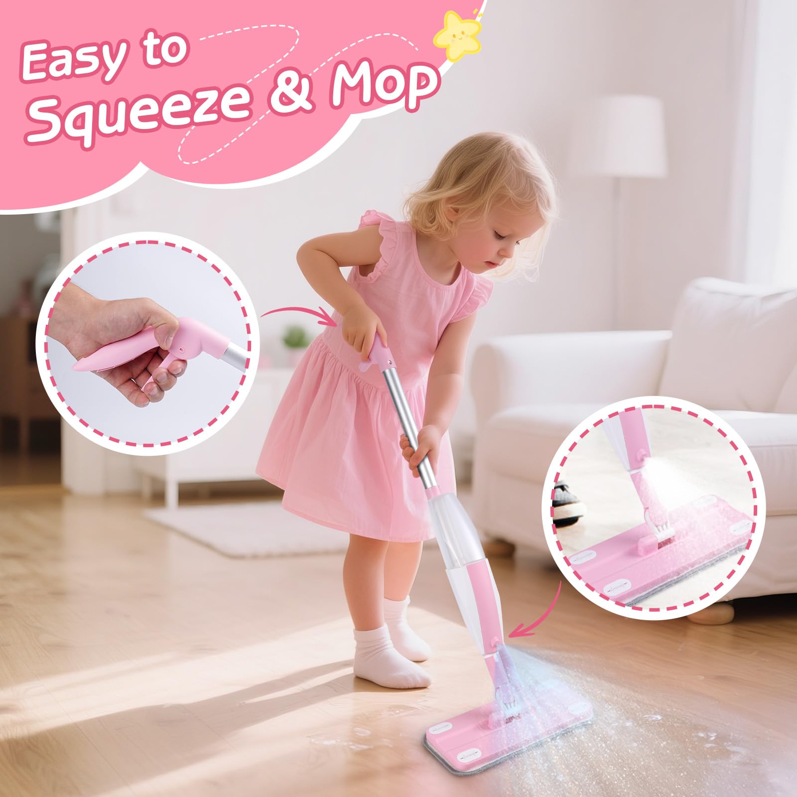 Hilsoeet Kids Spray Mop Pink spray trigger demonstrates hands on action