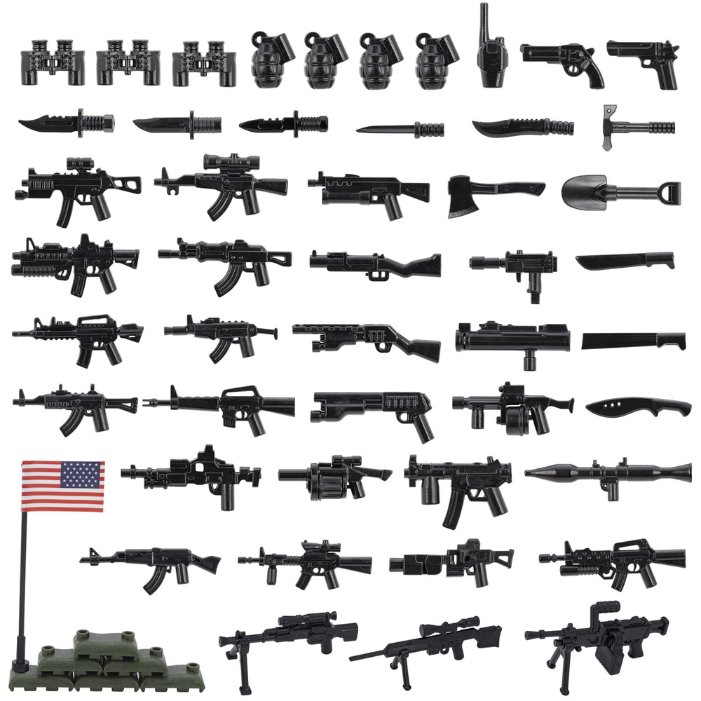 HIMIRICH military weapons pack US accessories closeup, safe ABS plastics for kids