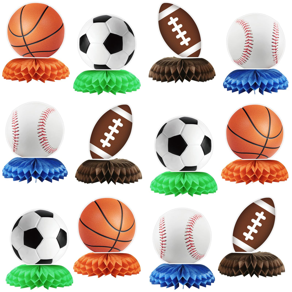 HINGTAI 12-piece sports birthday decor set with basketball, football, and soccer shapes for lively party visuals.