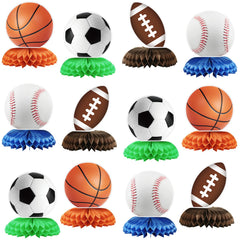 HINGTAI 12-piece sports birthday decor set with basketball, football, and soccer shapes for lively party visuals.