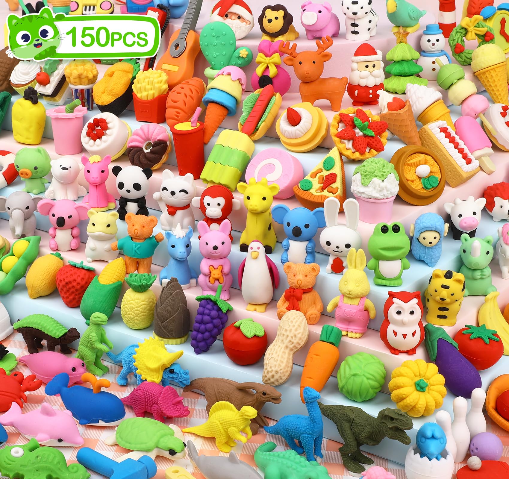 Hinzer 150-pack animal erasers in bright colors for classroom rewards and hands-on play.