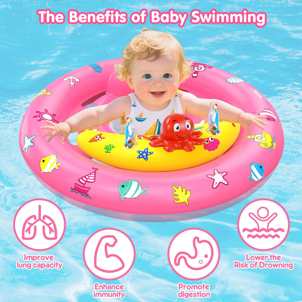 Hinzer pool float with sparkly dolphin toy stimulates senses during water exploration.