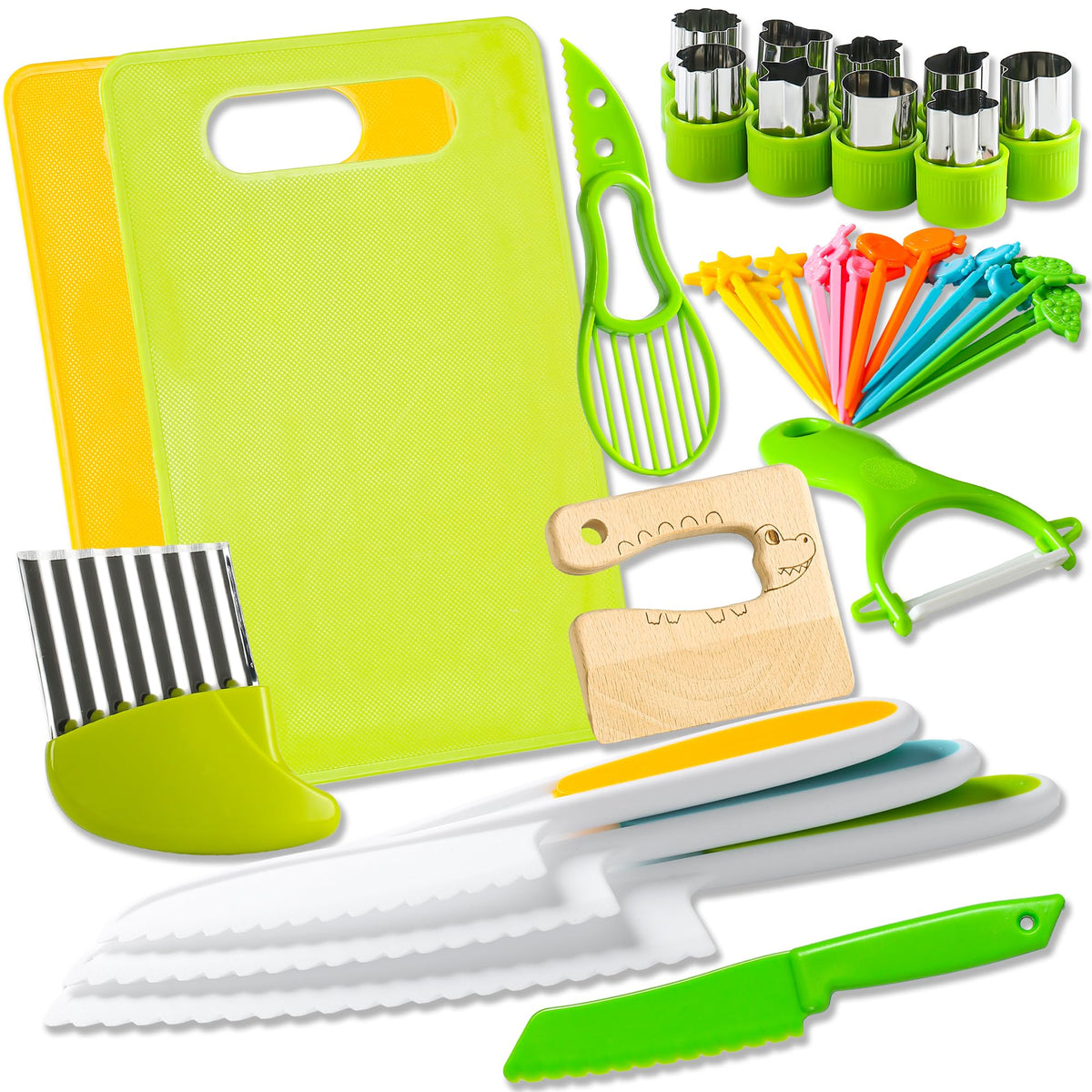 Hirger 40pcs kids knife set box content with safety knives and boards.