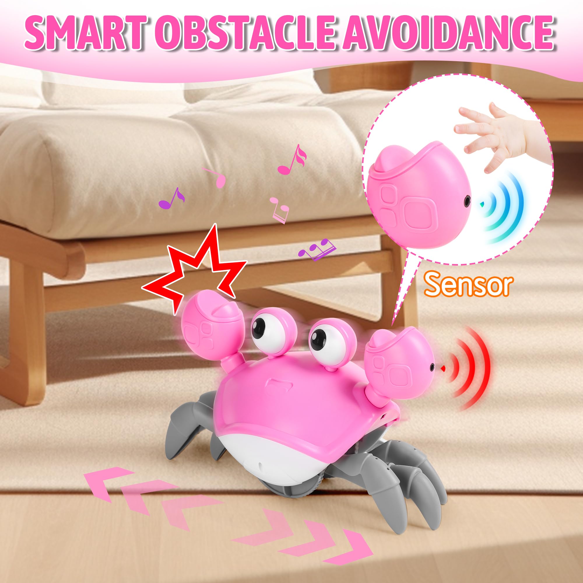 Hirger Crawling Crab Toy obstacle sensor helps keep play safe.