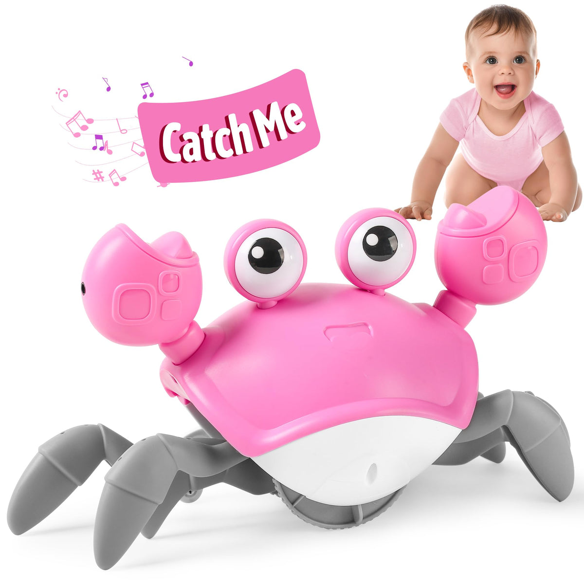 Hirger Crawling Crab Toy pink walking mode promotes tummy time exploration.