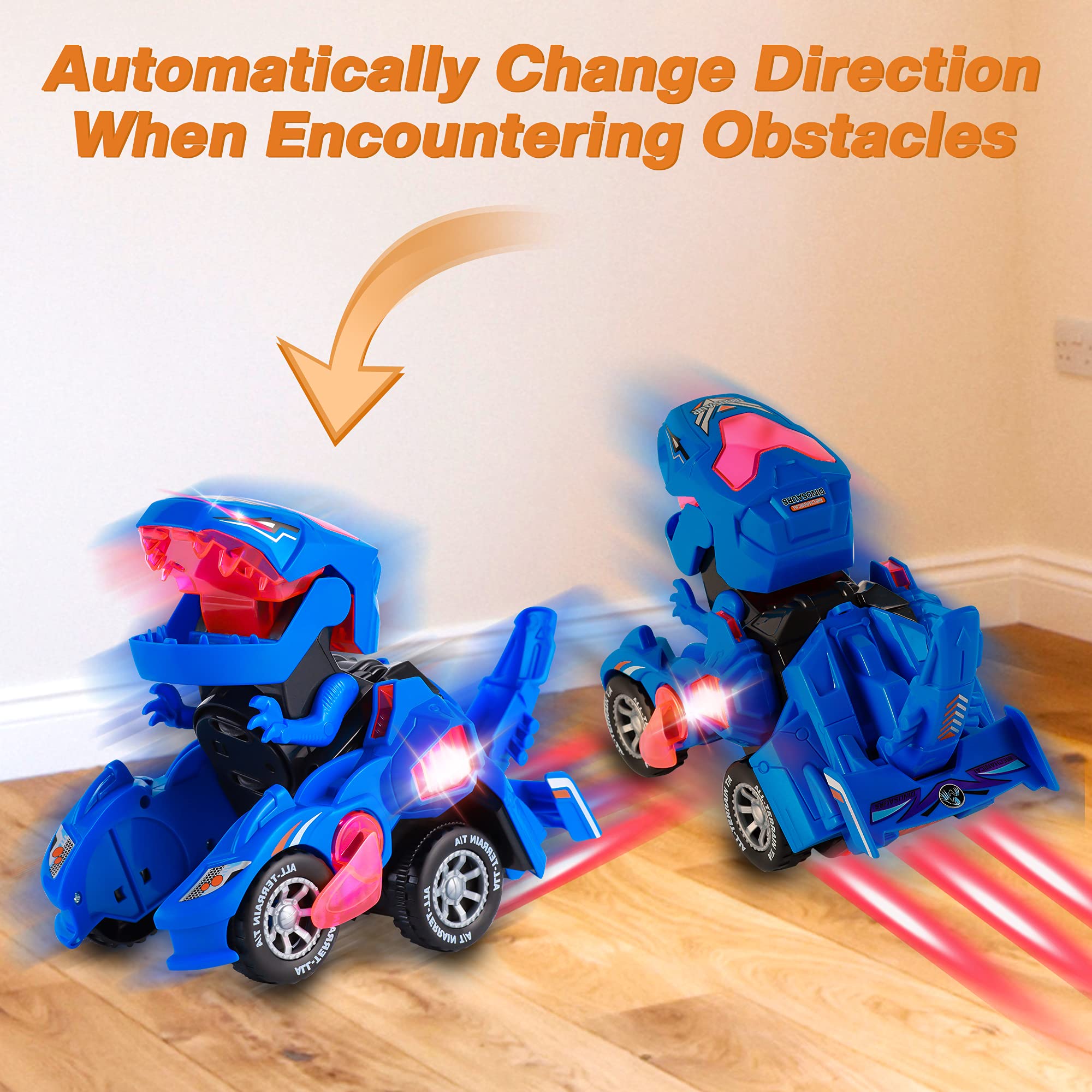 Hirger transforming dino car side view highlights auto-drive and dinosaur conversion in action