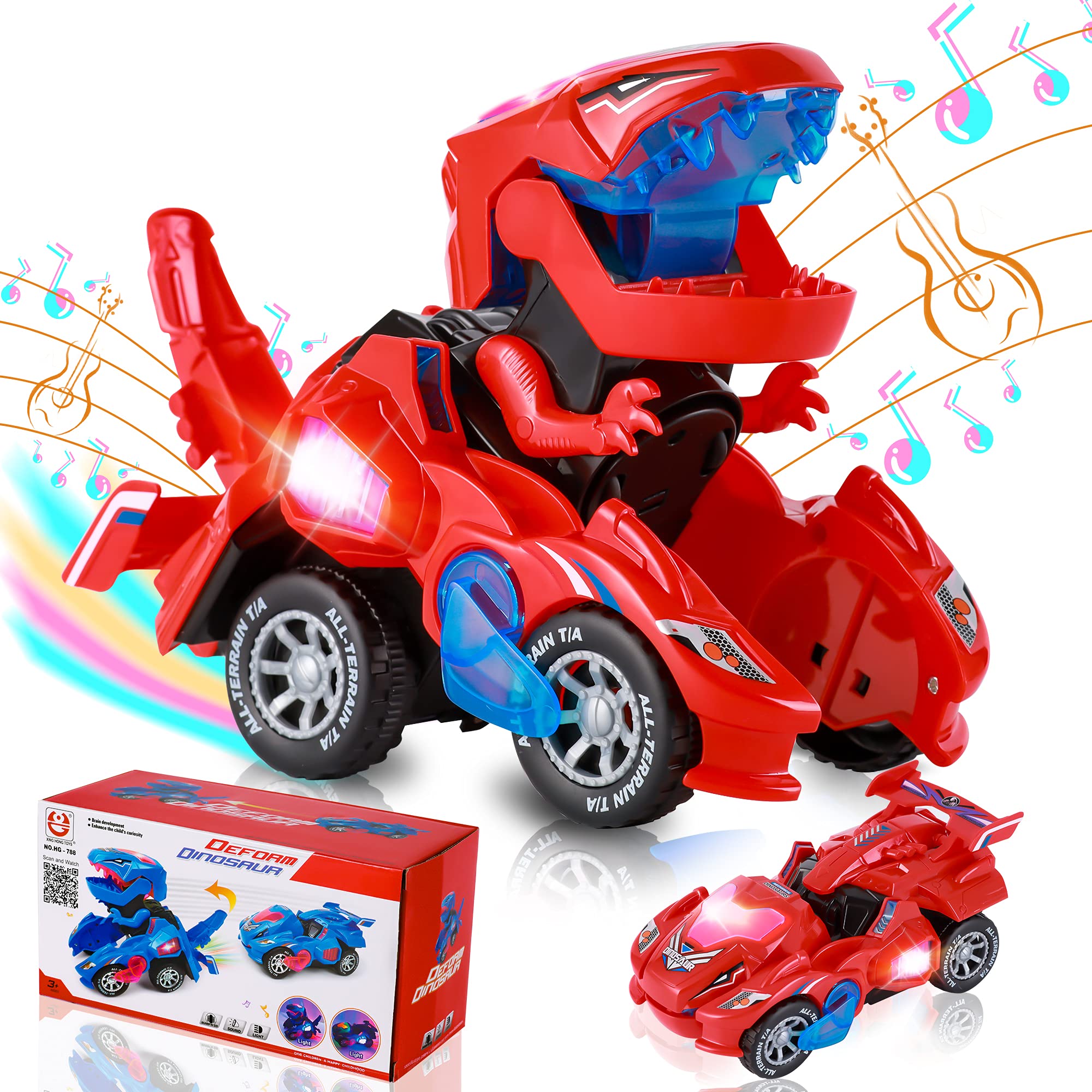 Hirger transforming dinosaur car toy front view with LED lights engages toddlers during playtime