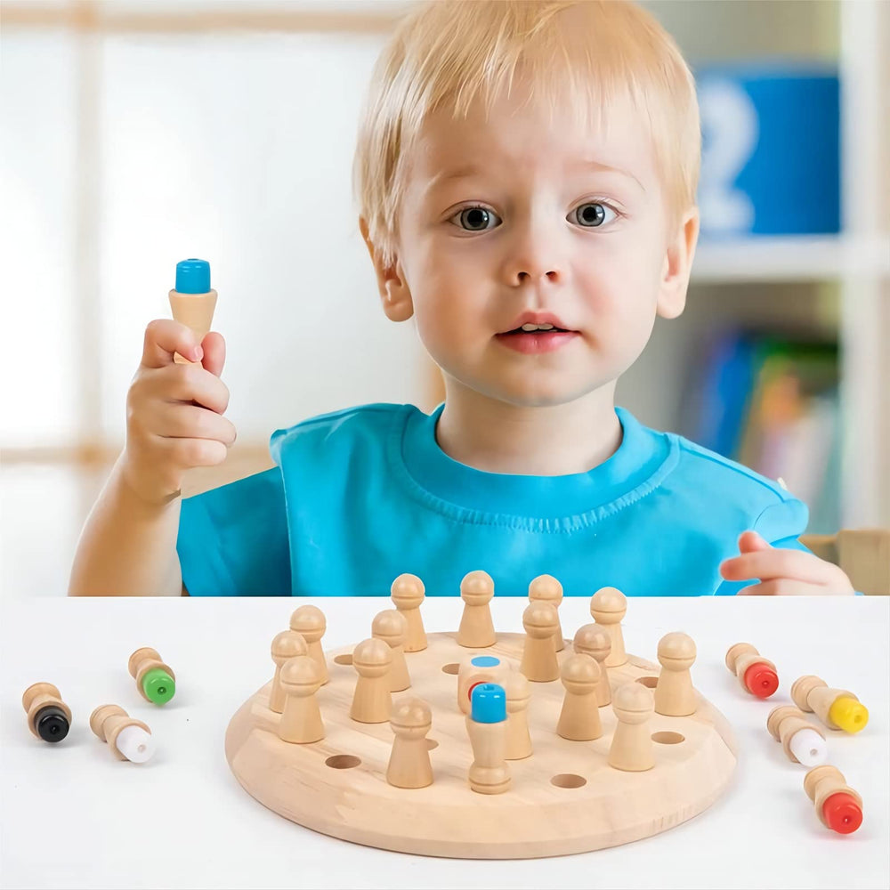Hirger Wooden Memory Chess learning moment with kids and parent.