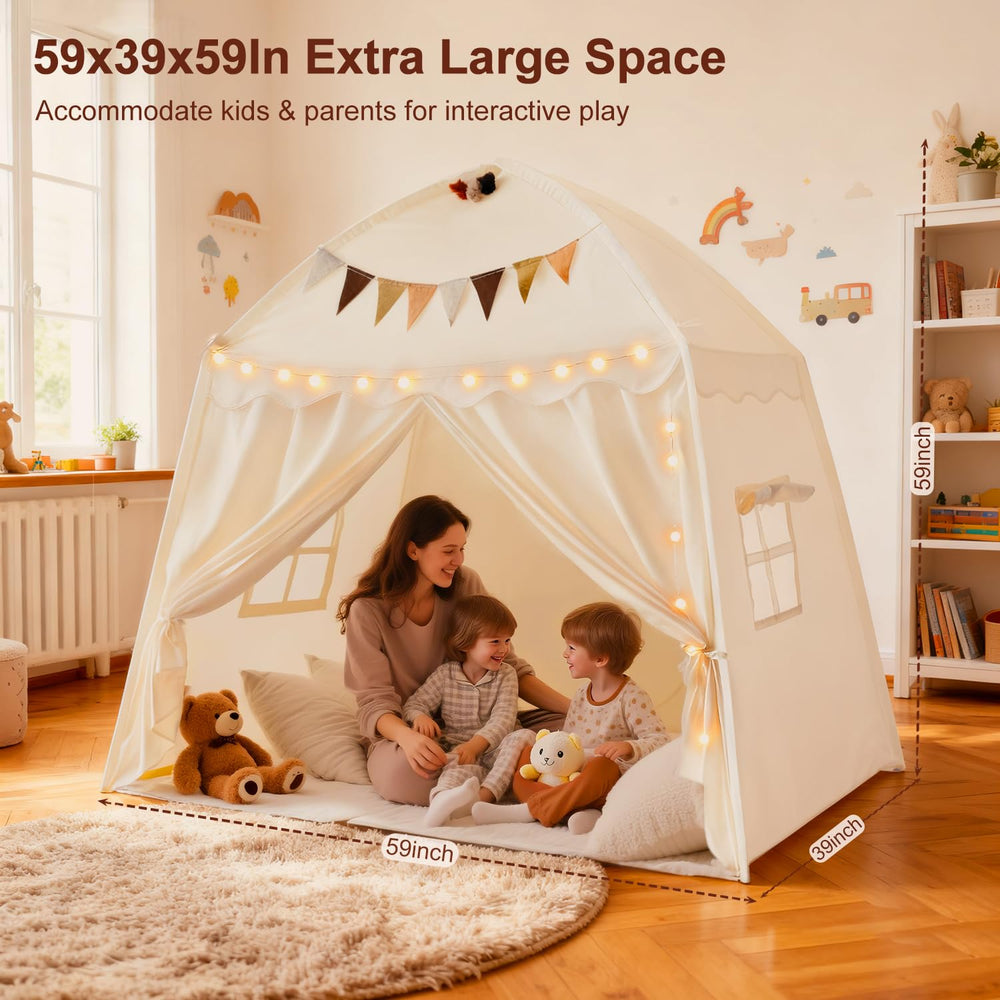 Hiromeco teepee playhouse showing spacious 59x39x59 dimensions for imaginative play.
