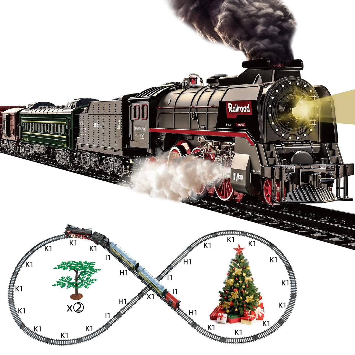 Hitish Train Set steam locomotive with glowing front lights for realism.