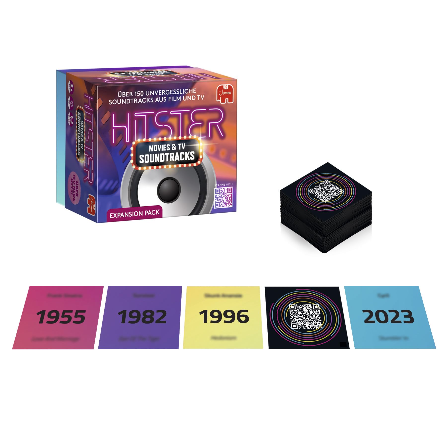 Hitster film and series soundtracks card set with 154 tracks for nostalgic trivia nights.