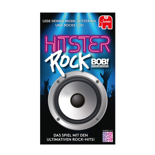 Hitster Rock box and cards show components for quick setup and immediate gameplay.