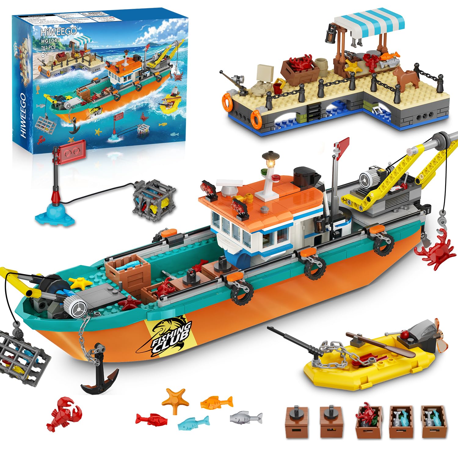 HiWEEGO City Fishing Boat Wharf Set: floating boat for imaginative ocean play and storytelling