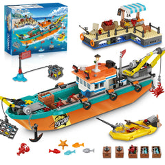 HiWEEGO City Fishing Boat Wharf Set: floating boat for imaginative ocean play and storytelling