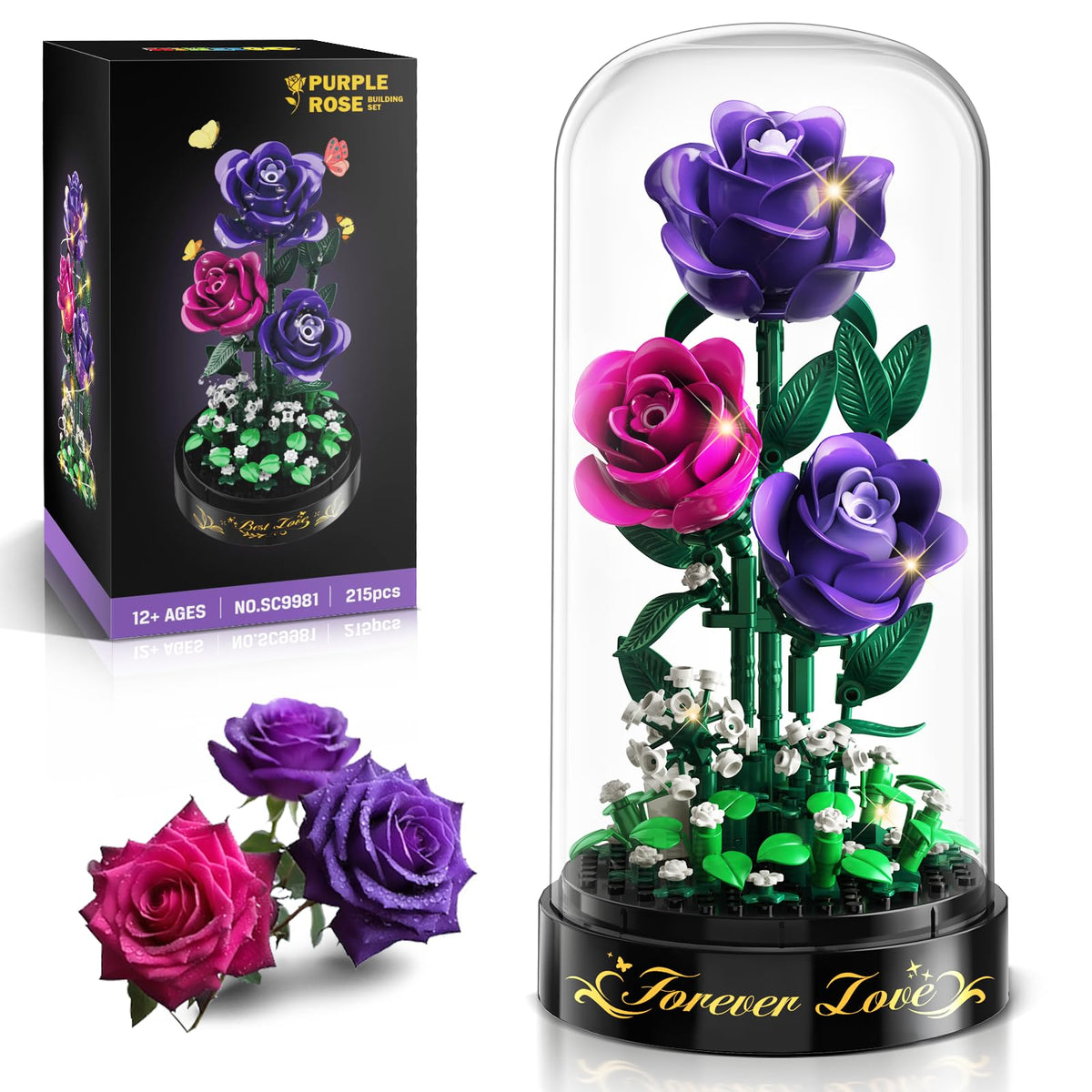 HiWEEGO Flowers Building Set with LED light purple rose for ambient home decor