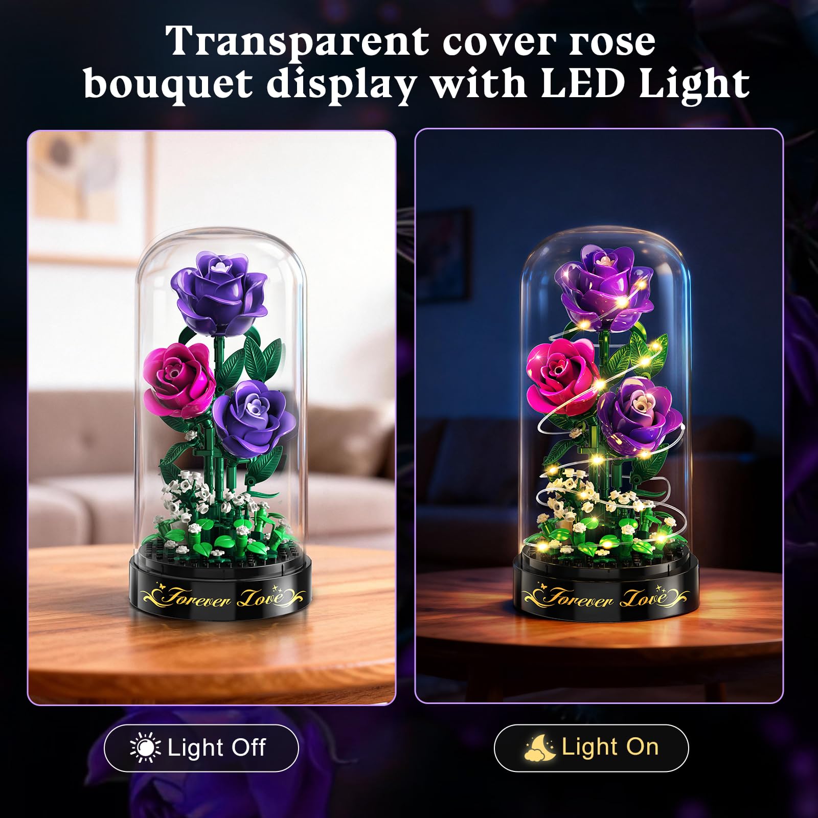 HiWEEGO Flowers Building Set rose-red bouquet LED glow enhances desk ambiance