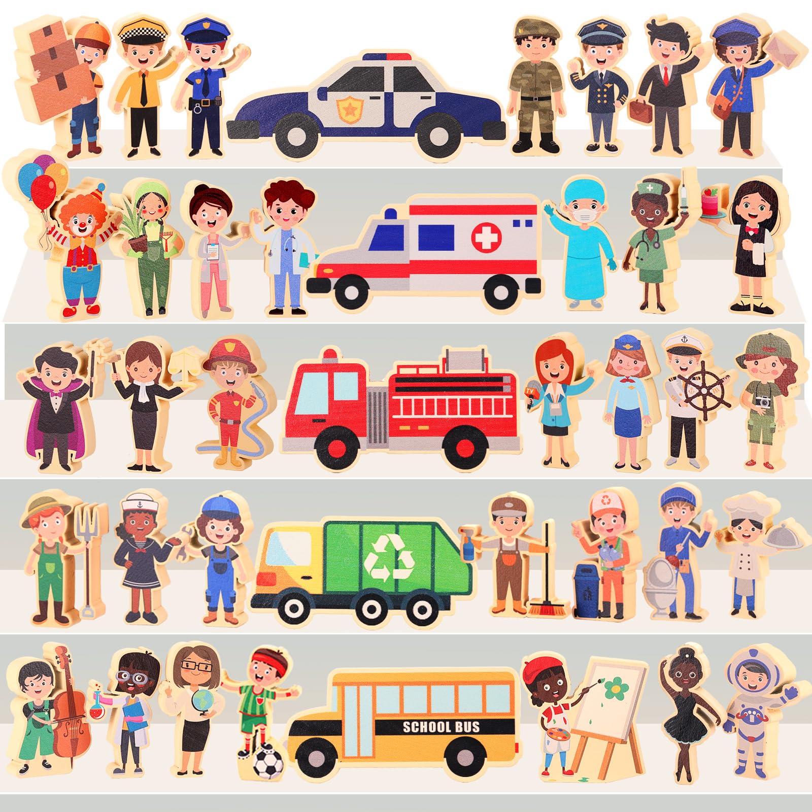 HIYZI wooden community helpers figures for imaginative role-play and social learning.