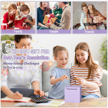 Hizgo purple piggy bank in use for kids and adults to reach saving goals