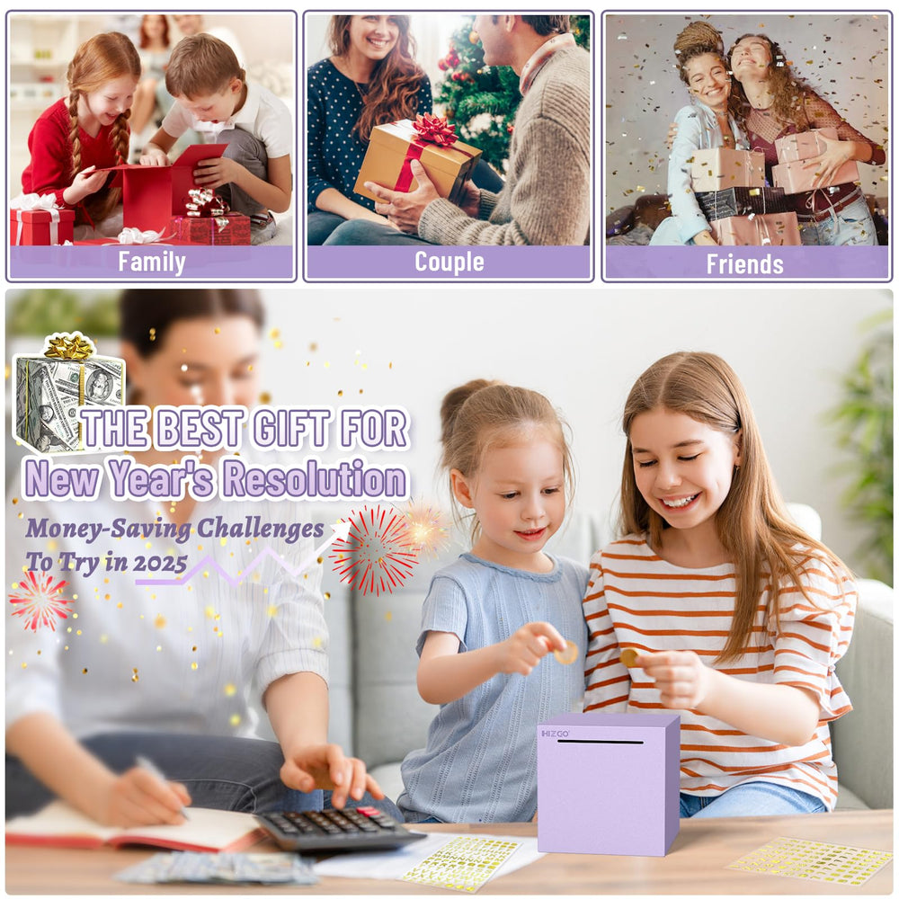 Hizgo purple piggy bank in use for kids and adults to reach saving goals
