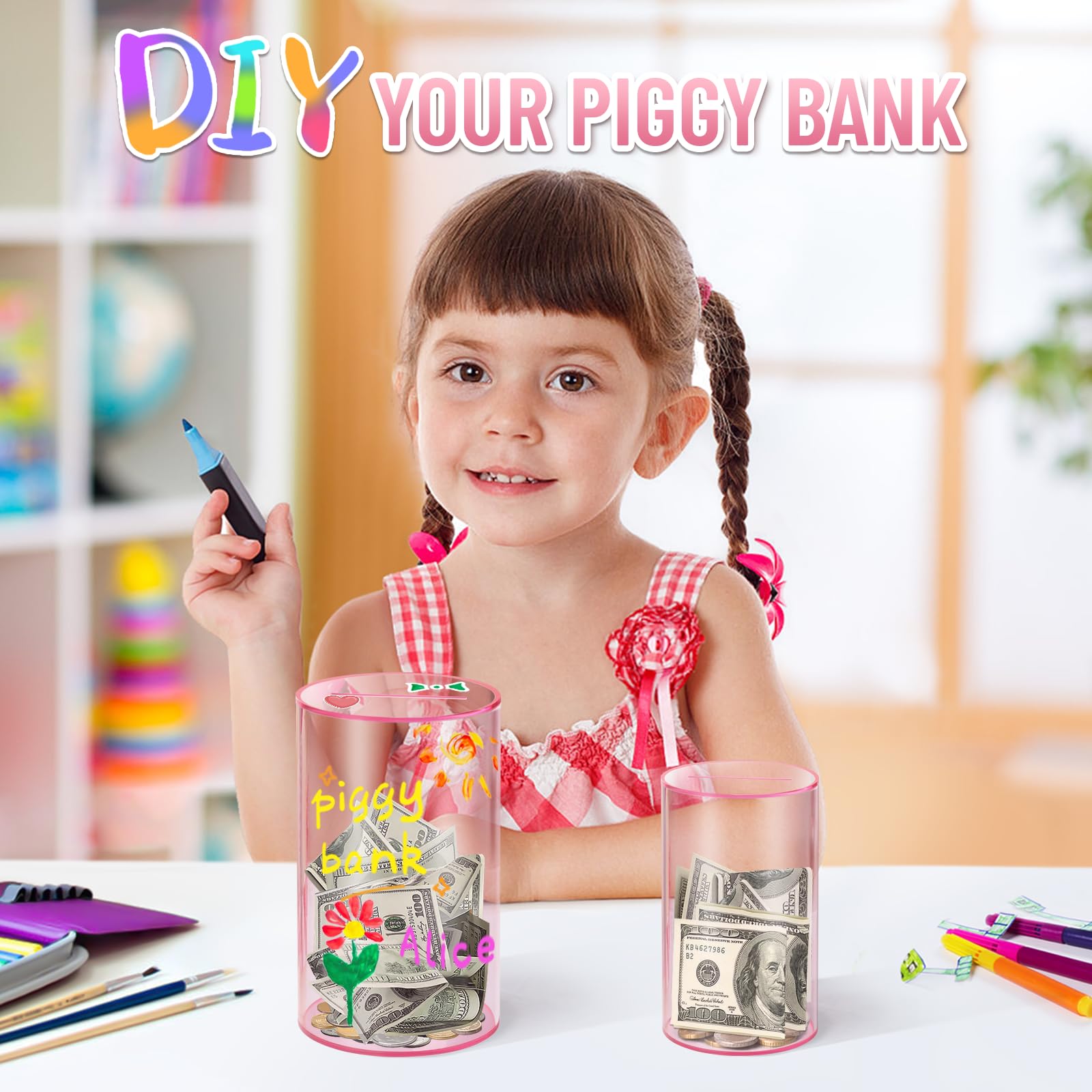 Hizgo pink clear medium piggy bank offers extra room for larger savings goals