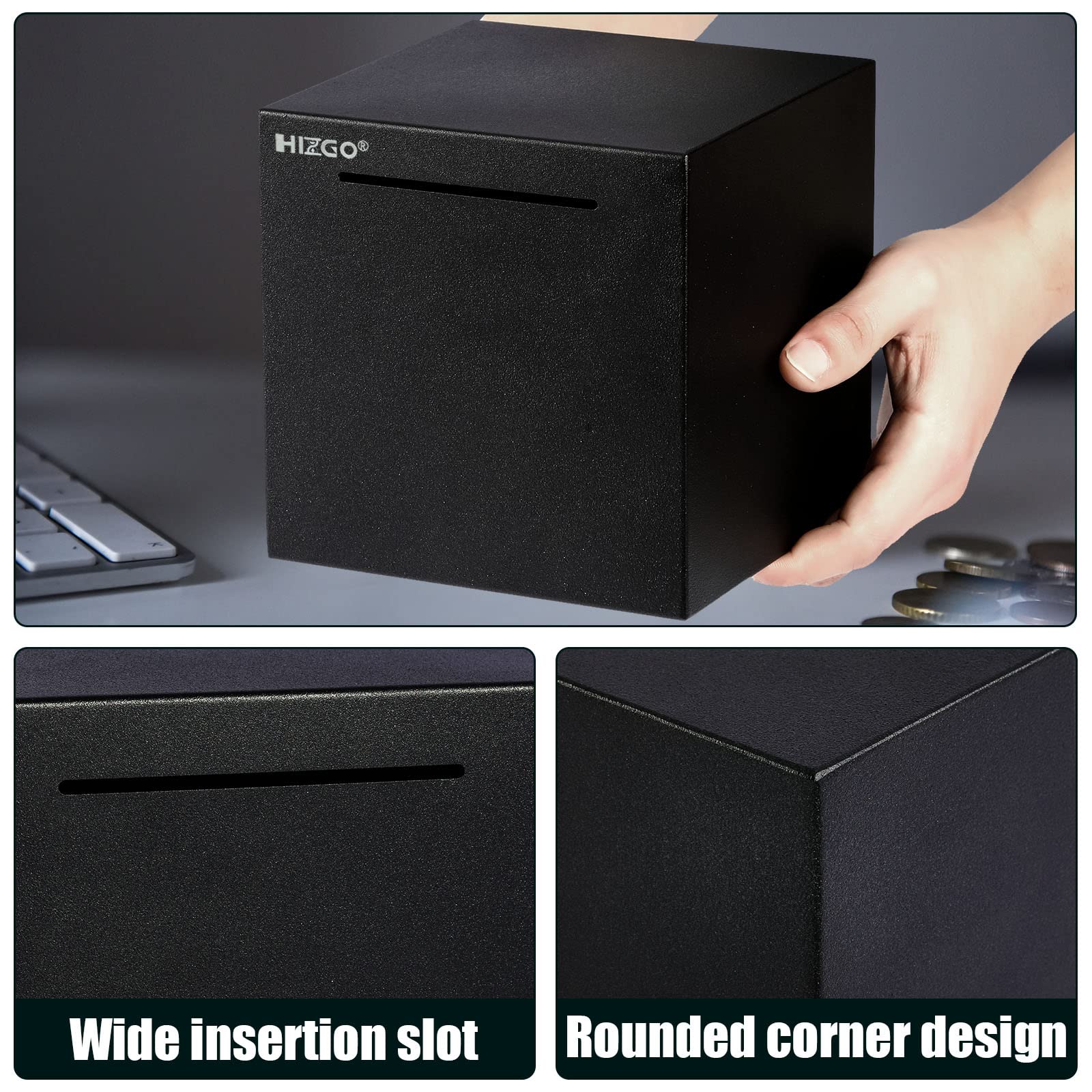 Hizgo piggy bank six-sided closure emphasizing secure saving sessions.