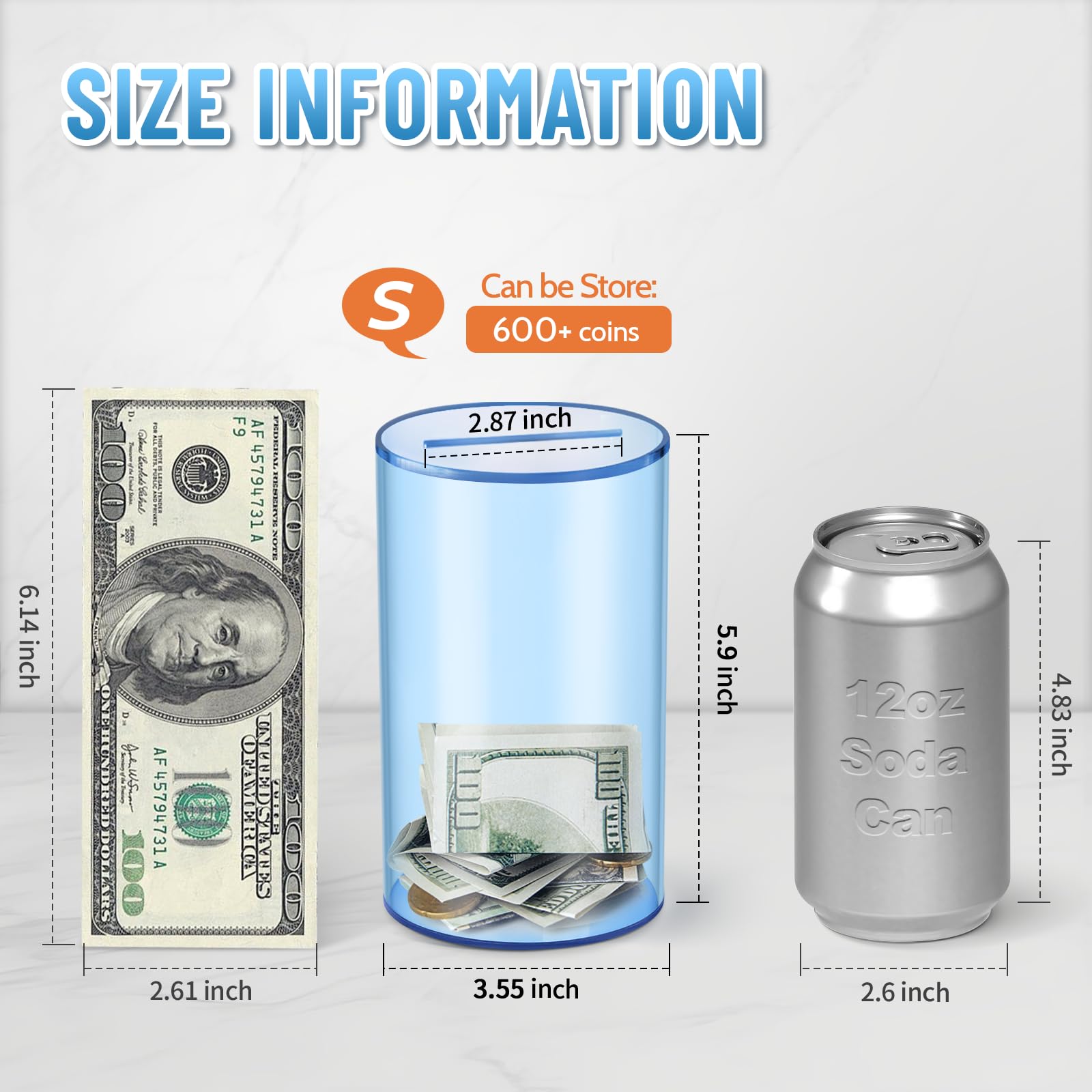 Hizgo small blue acrylic piggy bank clear body to monitor funds
