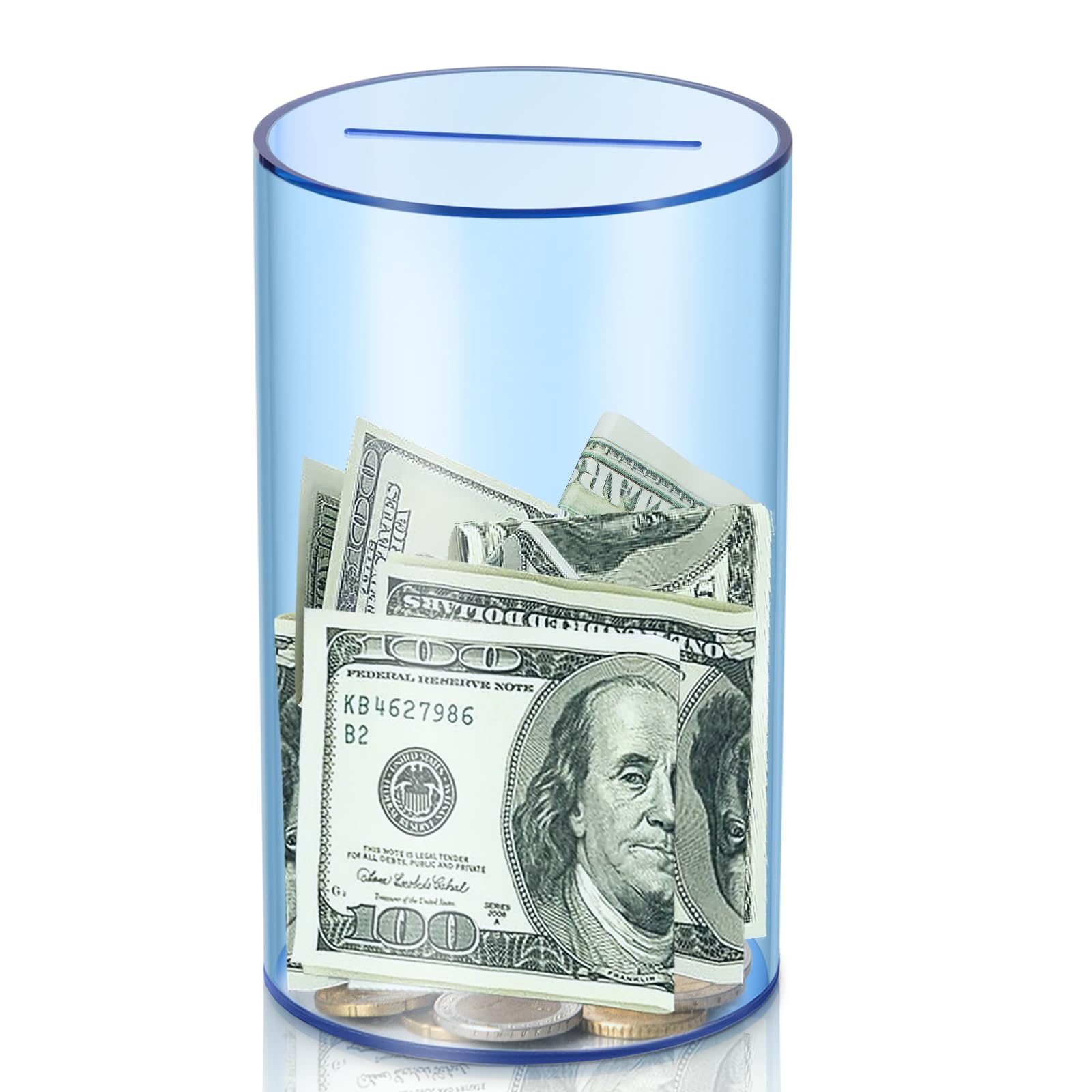 Hizgo small blue acrylic piggy bank front view showing clear savings potential
