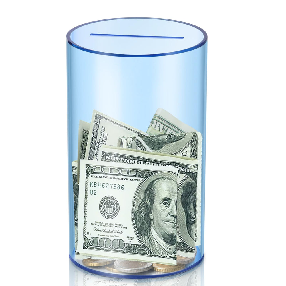 Hizgo small blue acrylic piggy bank front view showing clear savings potential