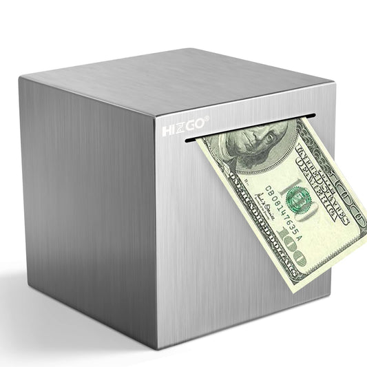 Hizgo piggy bank front view in stainless steel, durable goal-saving tool