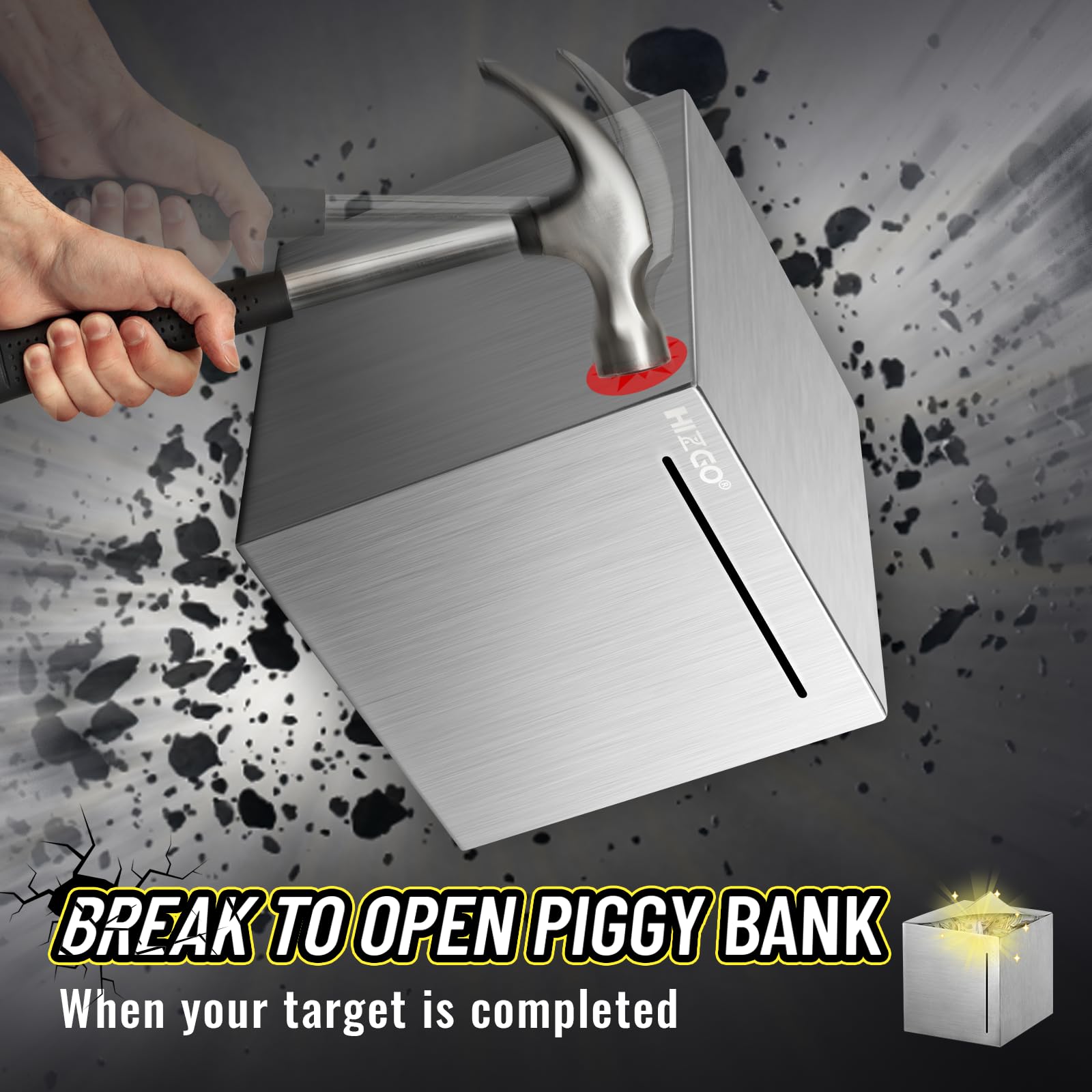 Hizgo piggy bank side view demonstrates compact 4.72 inch cube