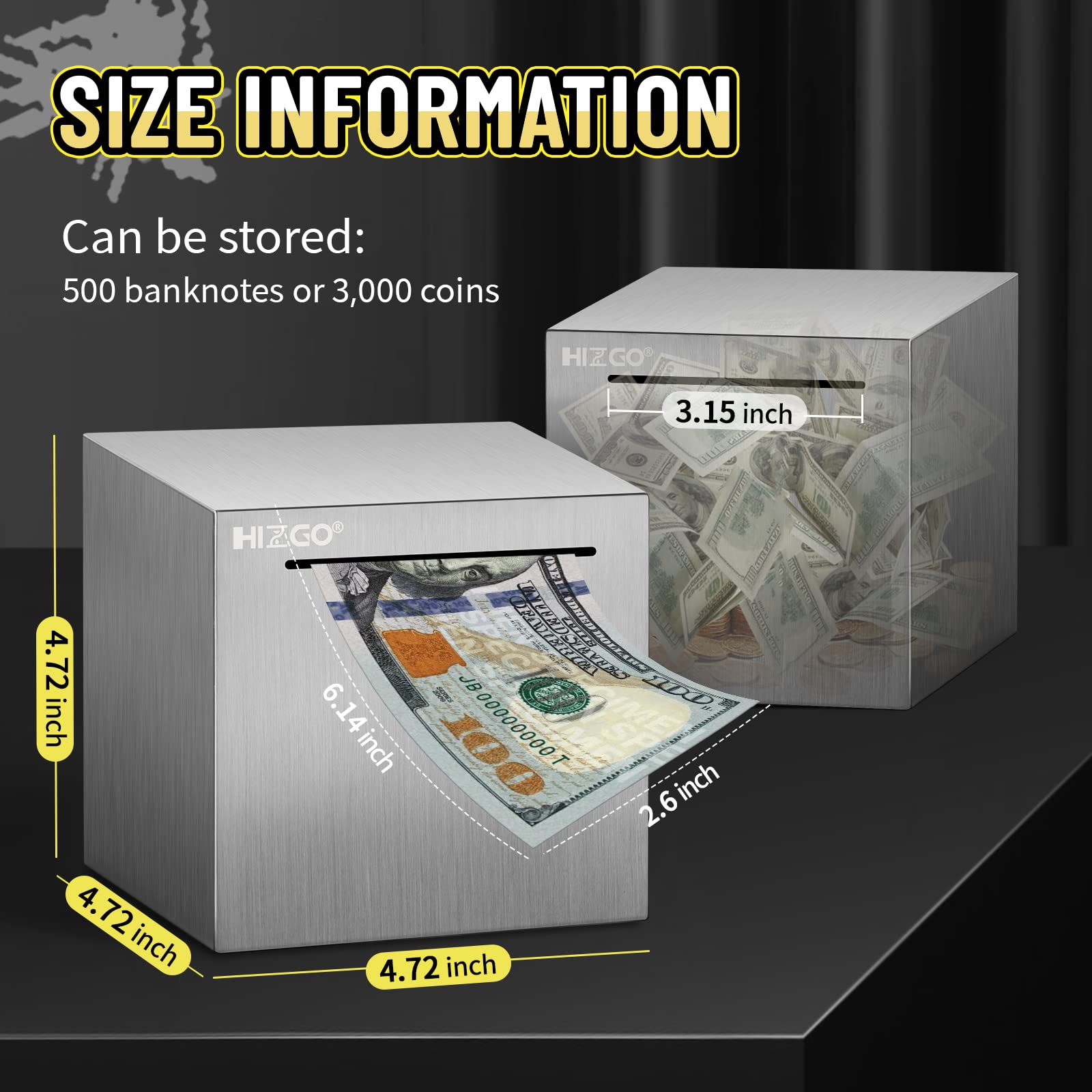 Hizgo piggy bank top view highlights sealed six-sided design for secure saving