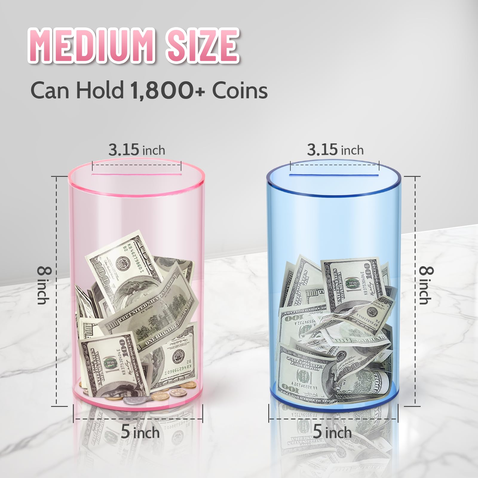 Hizgo pink acrylic savings jar emphasizes durability and easy viewing of funds