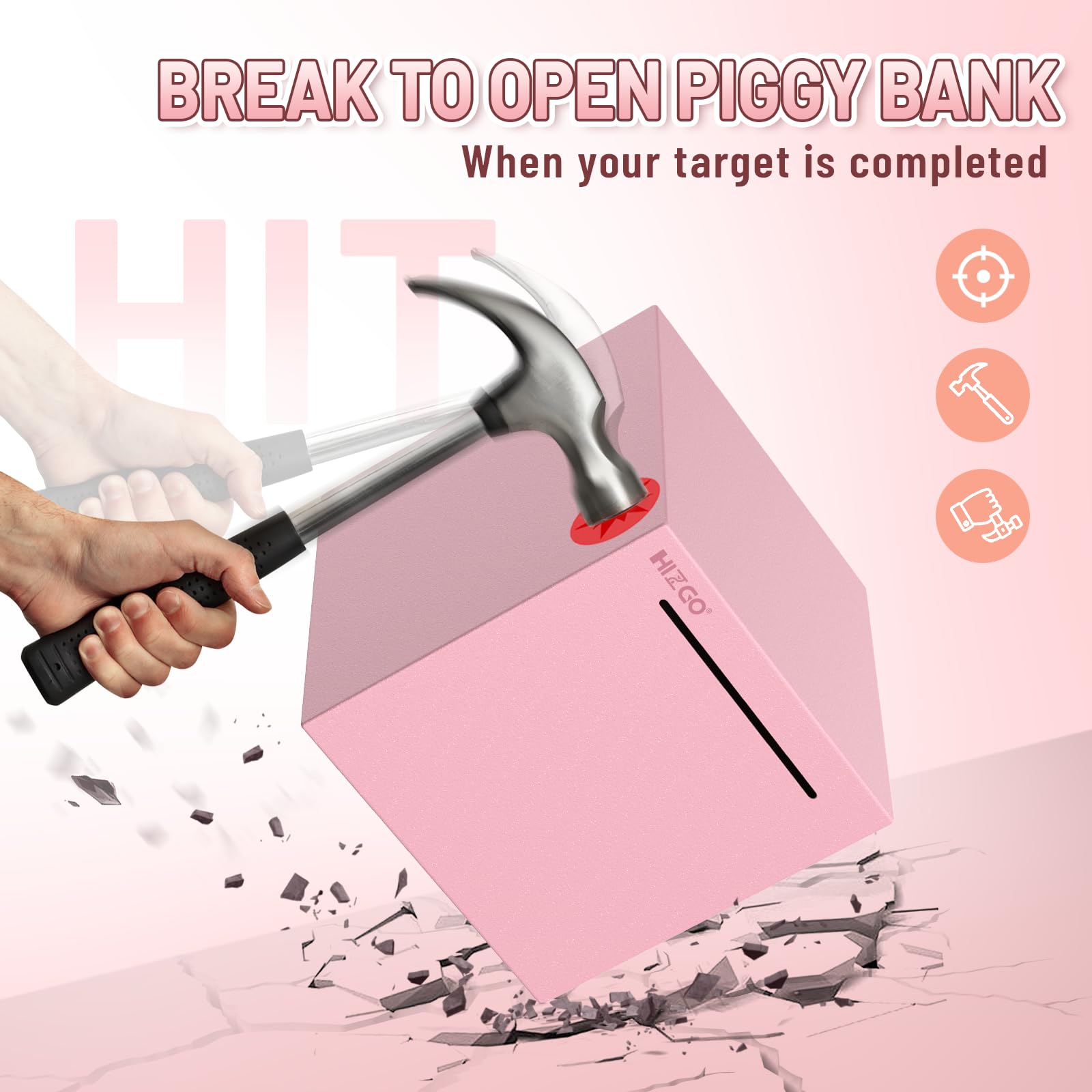 Hizgo pink piggy bank break-open view demonstrates access only after savings goal.