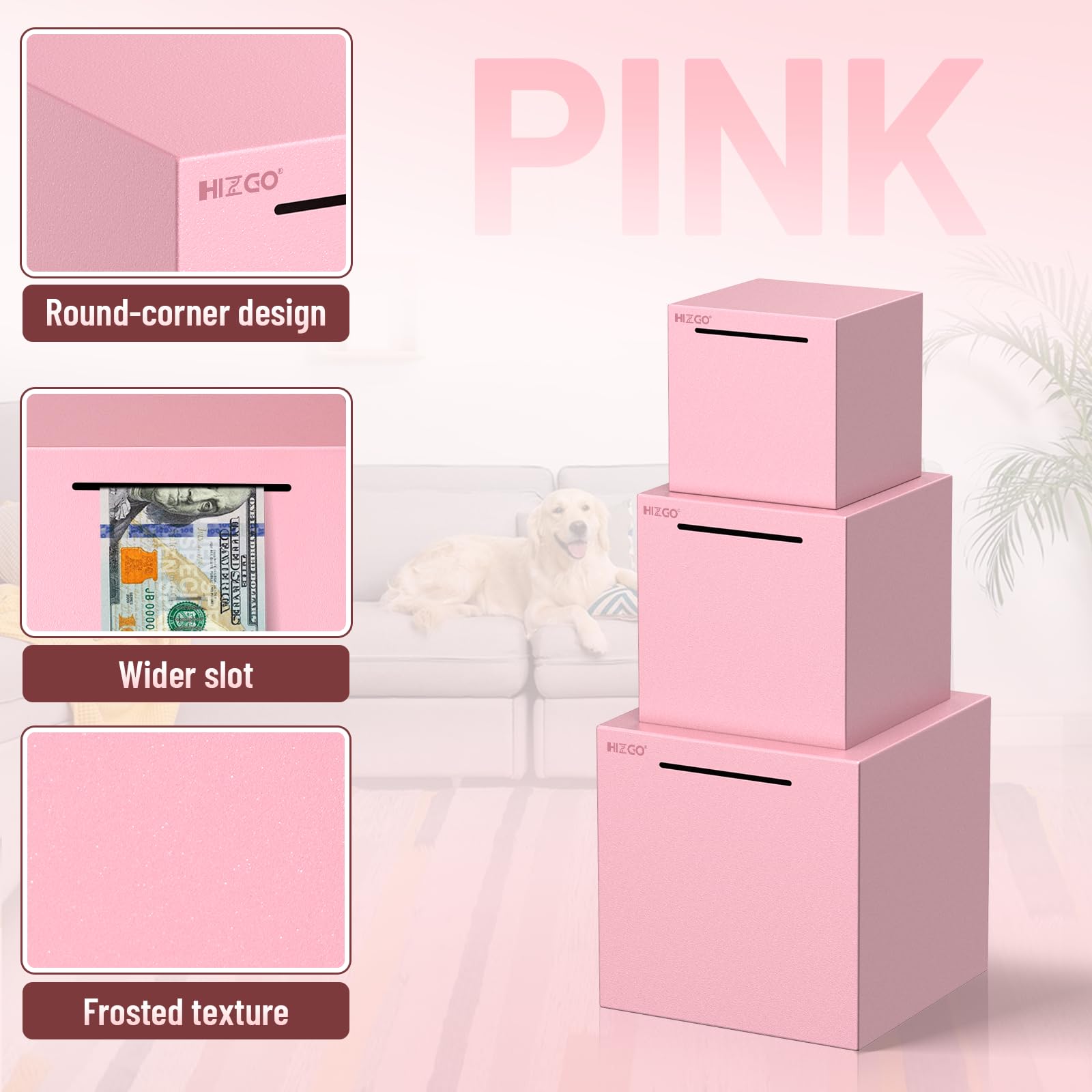 hizgo pink piggy bank top slot close-up emphasizes daily coin contributions