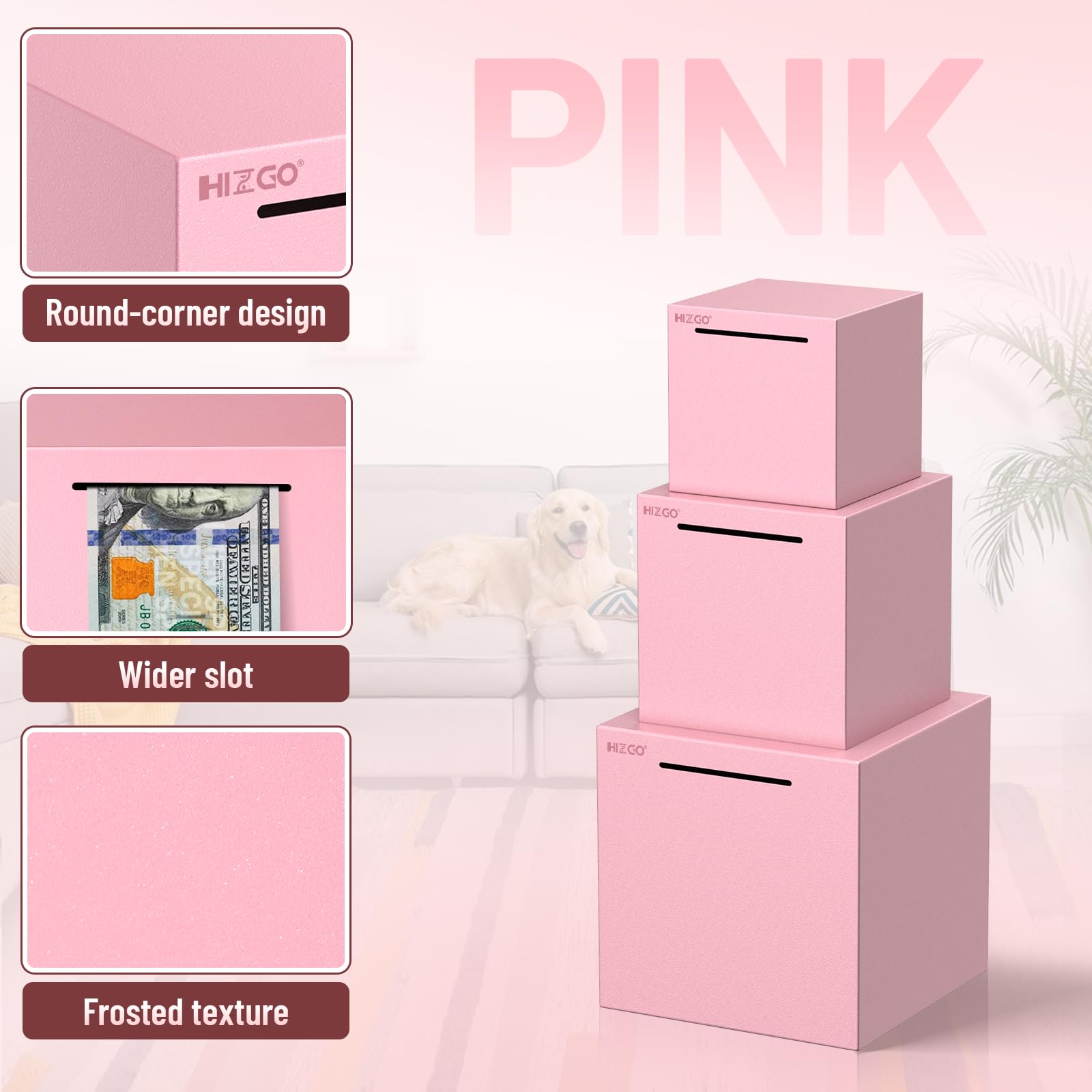 Hizgo pink piggy bank unopenable design to encourage consistent saving.