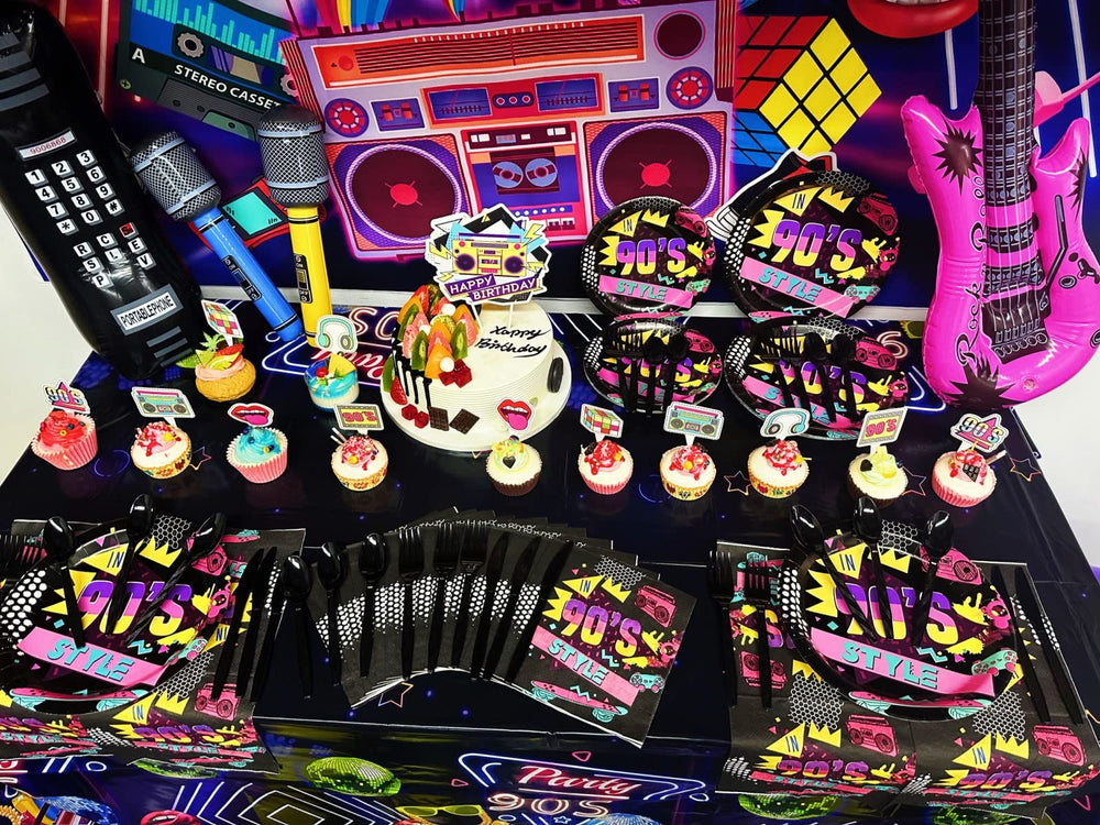 HJINGY 90s tablecloth creates cohesive table styling for a nostalgic party.