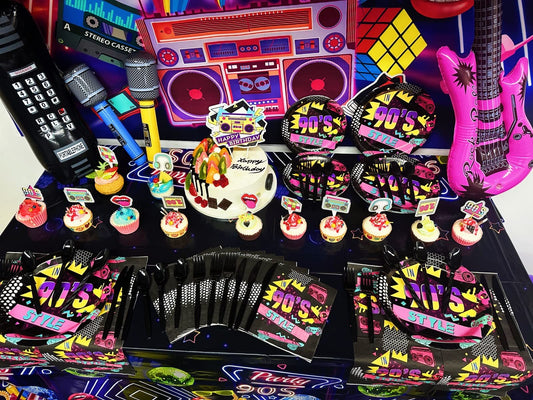 HJINGY 90s tablecloth creates cohesive table styling for a nostalgic party.
