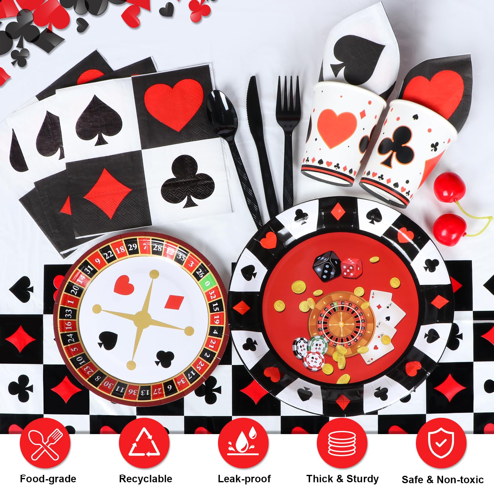 HJINGY casino party plates and napkins coordinate meals with luxe vibes.