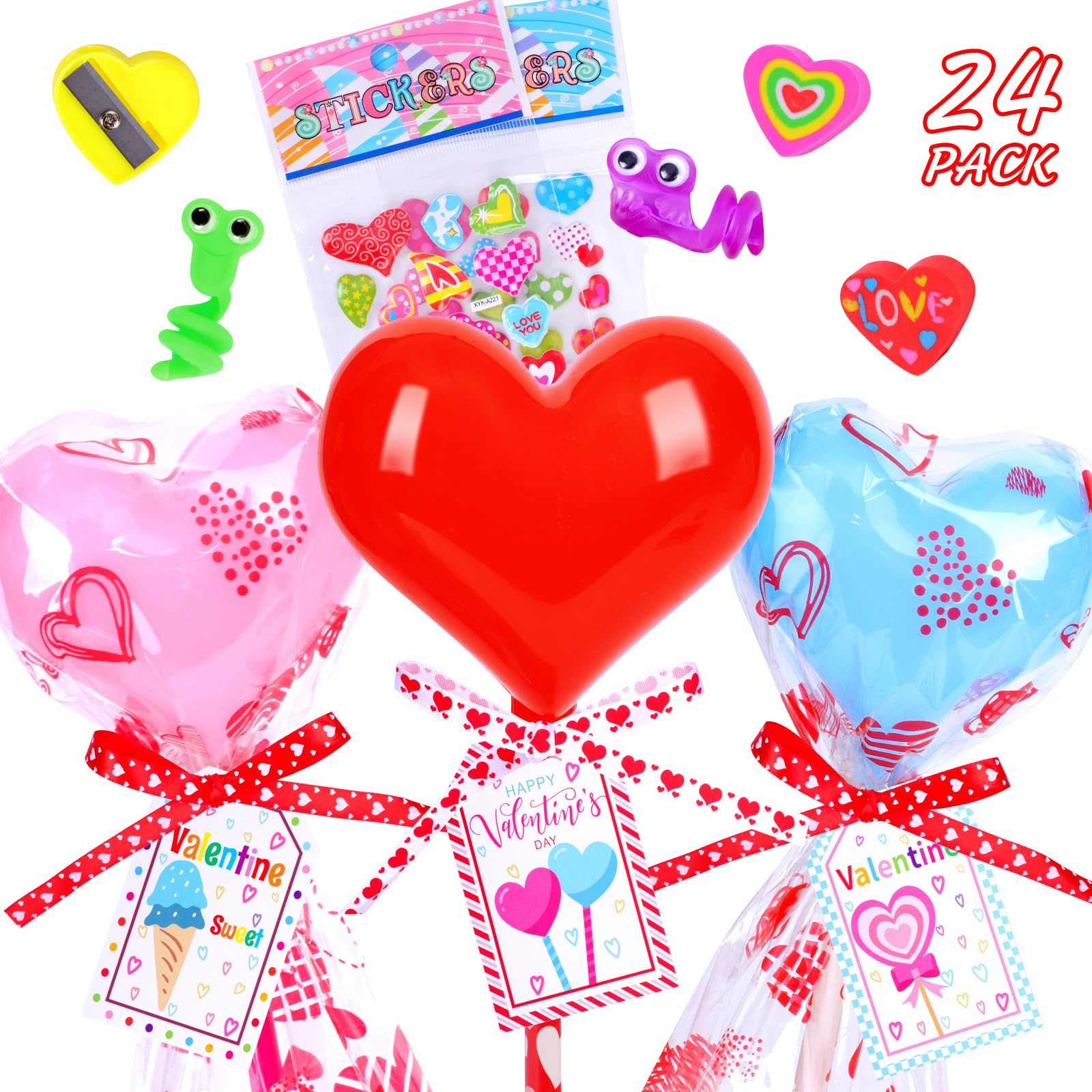HKKDKTA Valentines heart-lollipop stationery set for classroom exchanges, vibrant and engaging