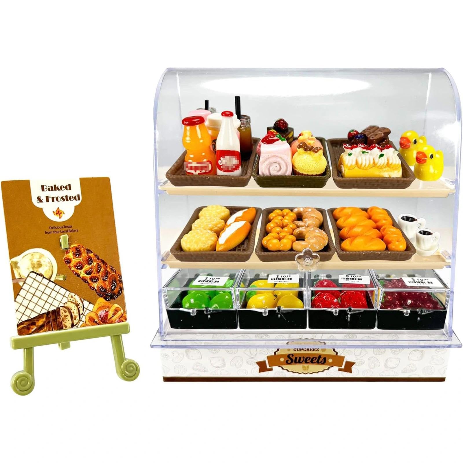HKLMRO bakery cabinet display stand enhances dollhouse realism for imaginative storefront scenes.