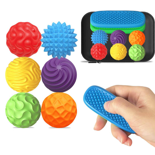 HLXY fidget balls pack showing varied silicone textures for calming tactile feedback
