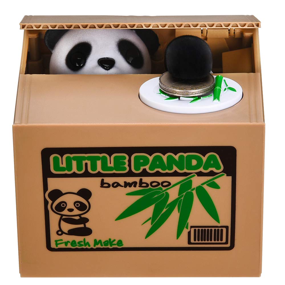HmiL-U Panda Stealing Money Bank front view with coin plate to encourage saving